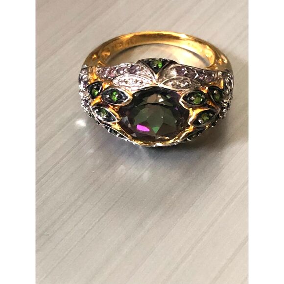 Sterling Silver  Two Tone Vintage Style Oval Mystic Topaz Ring - Picture 1 of 6